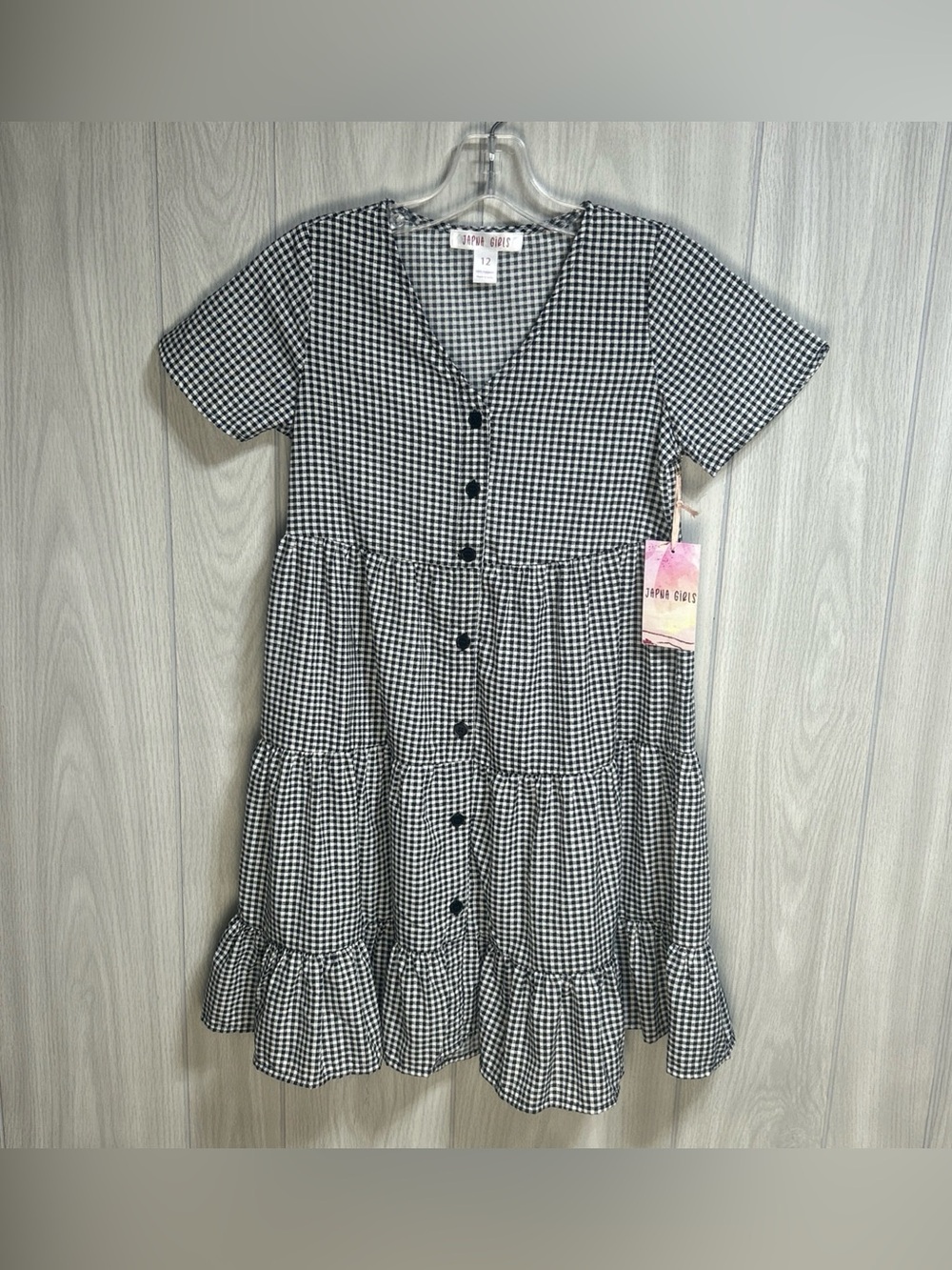 Japna Girls NWT Black & White Gingham Check Button-Down Tiered Dress Size 12